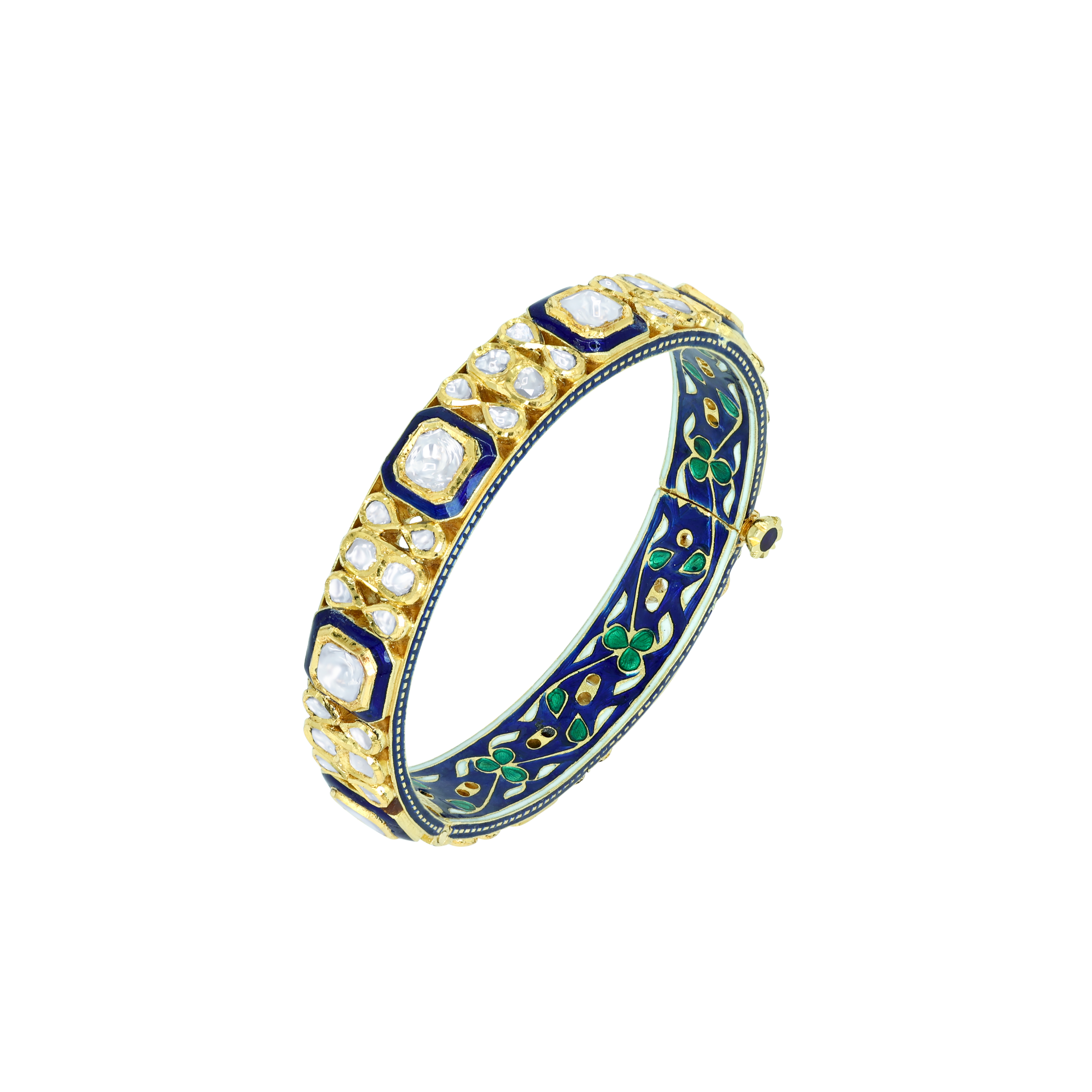 Deep Blue Enamel Bangle with Polki Clusters and Borders